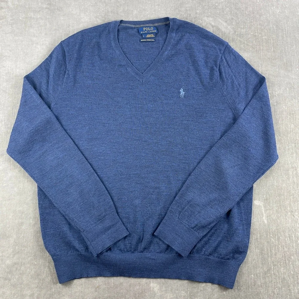 Polo Ralph Lauren Mens Large Blue Sweater Washable Merino Wool V-Neck 5730